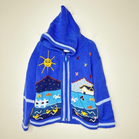 Peruvian Wool‎ Children's Hand-Knit Full Zip Hooded Sweater Pockets Animal Scene - Picture 1 of 8